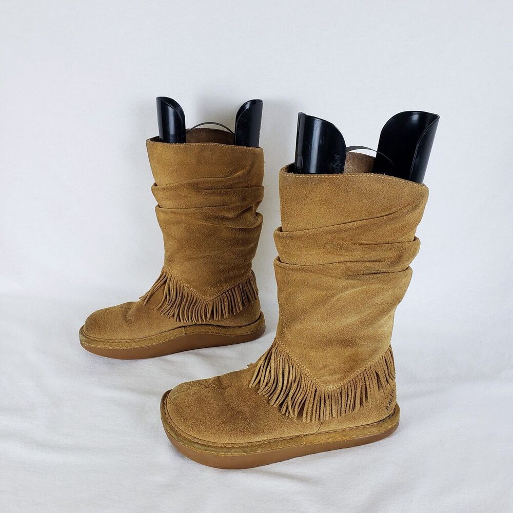 Earth Boho Western Festival Chunky Moccasin Fringe Boots Womens 7 Suede Slouchy